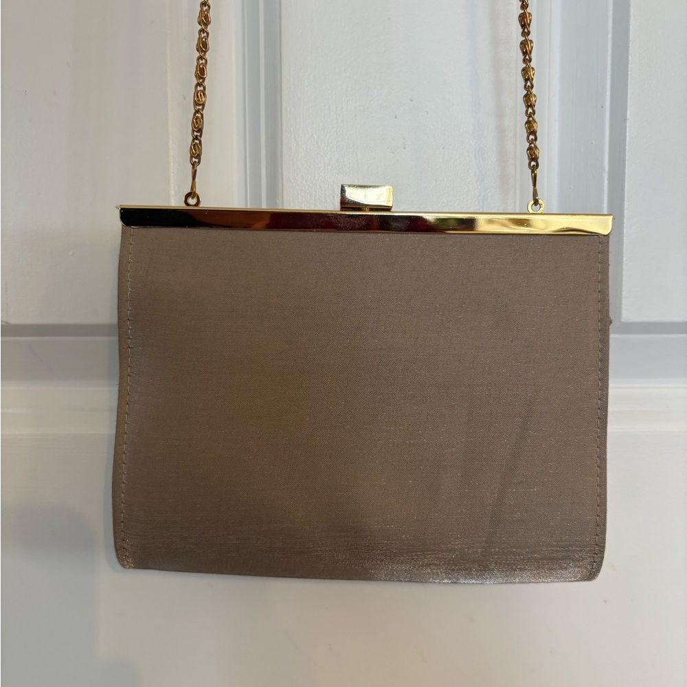 Elegant Taupe Evening Bag with Gold Chain